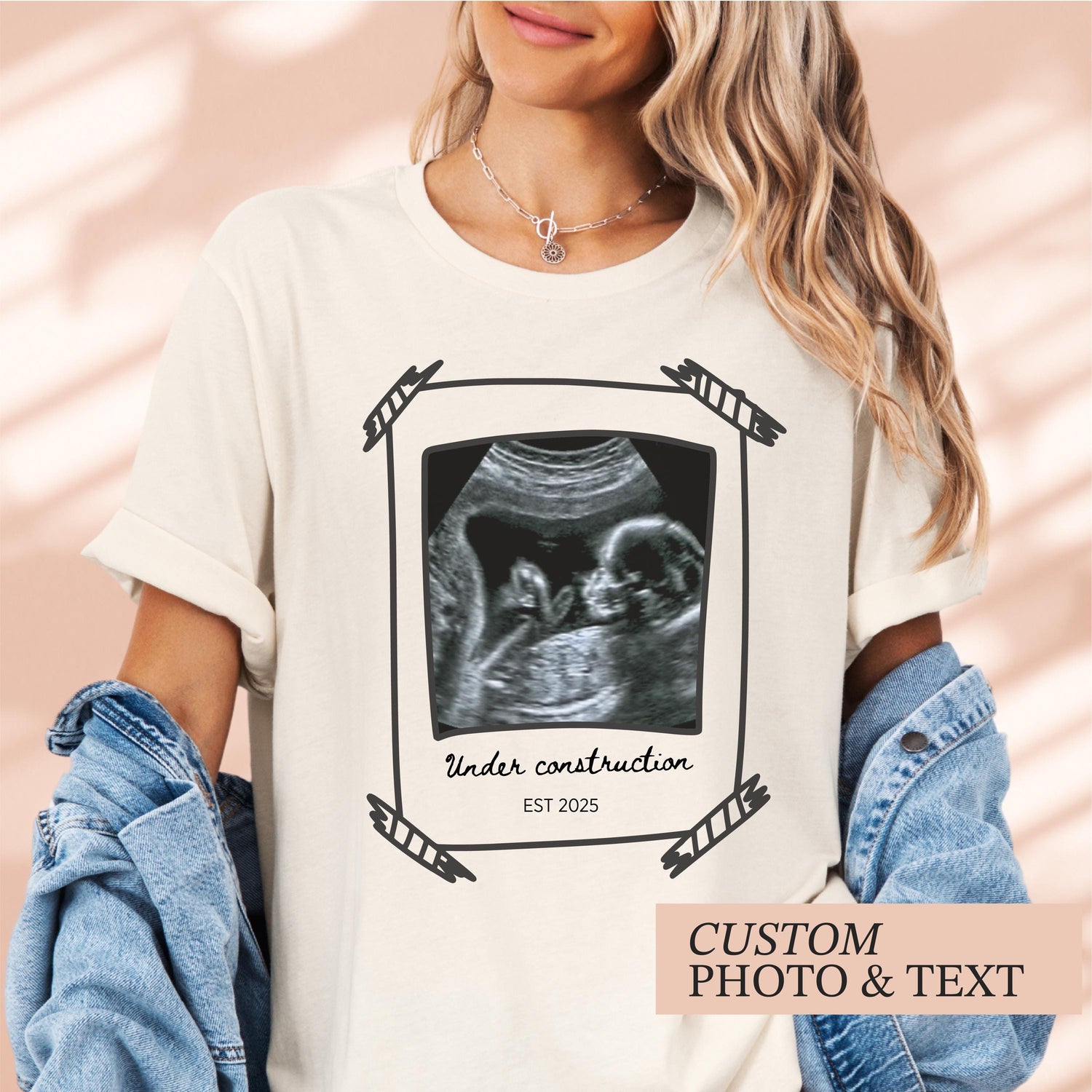 A Custom Photo Pregnancy Announcement Natural Color Shirt. In Front: A Polaroid Photo Frame Drawing With Ultrasound Photo Inside. An Expecting Mom Baby Shower Gift. A Baby Announcement New Dad Gift. A Mom To Be Shirt And Pregnancy Gift Idea.
